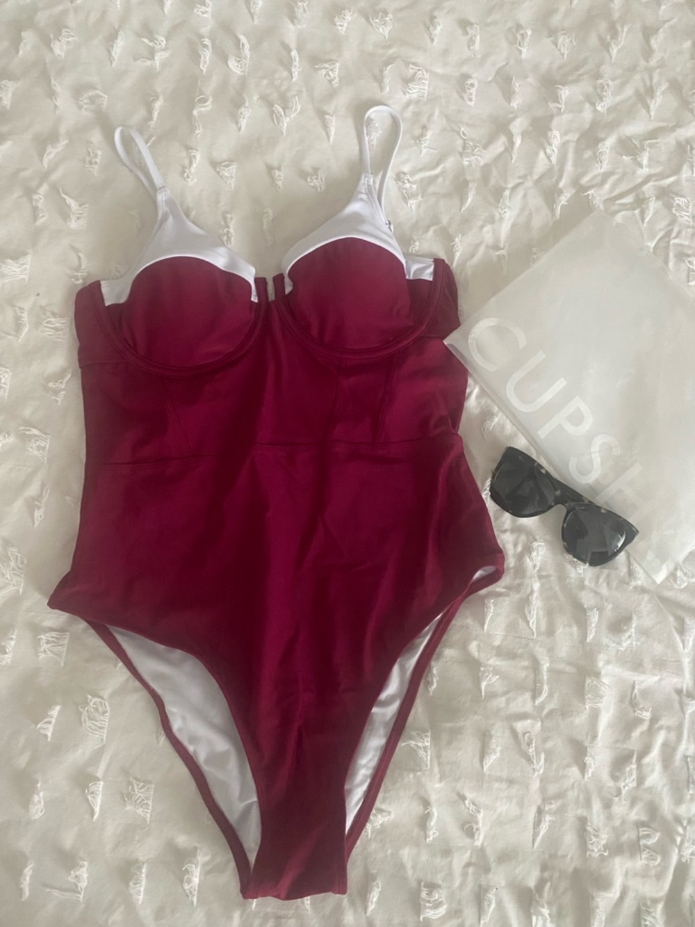 Cupshe x Maddy Burciaga Deep Raspberry & White One-Piece Swimsuit